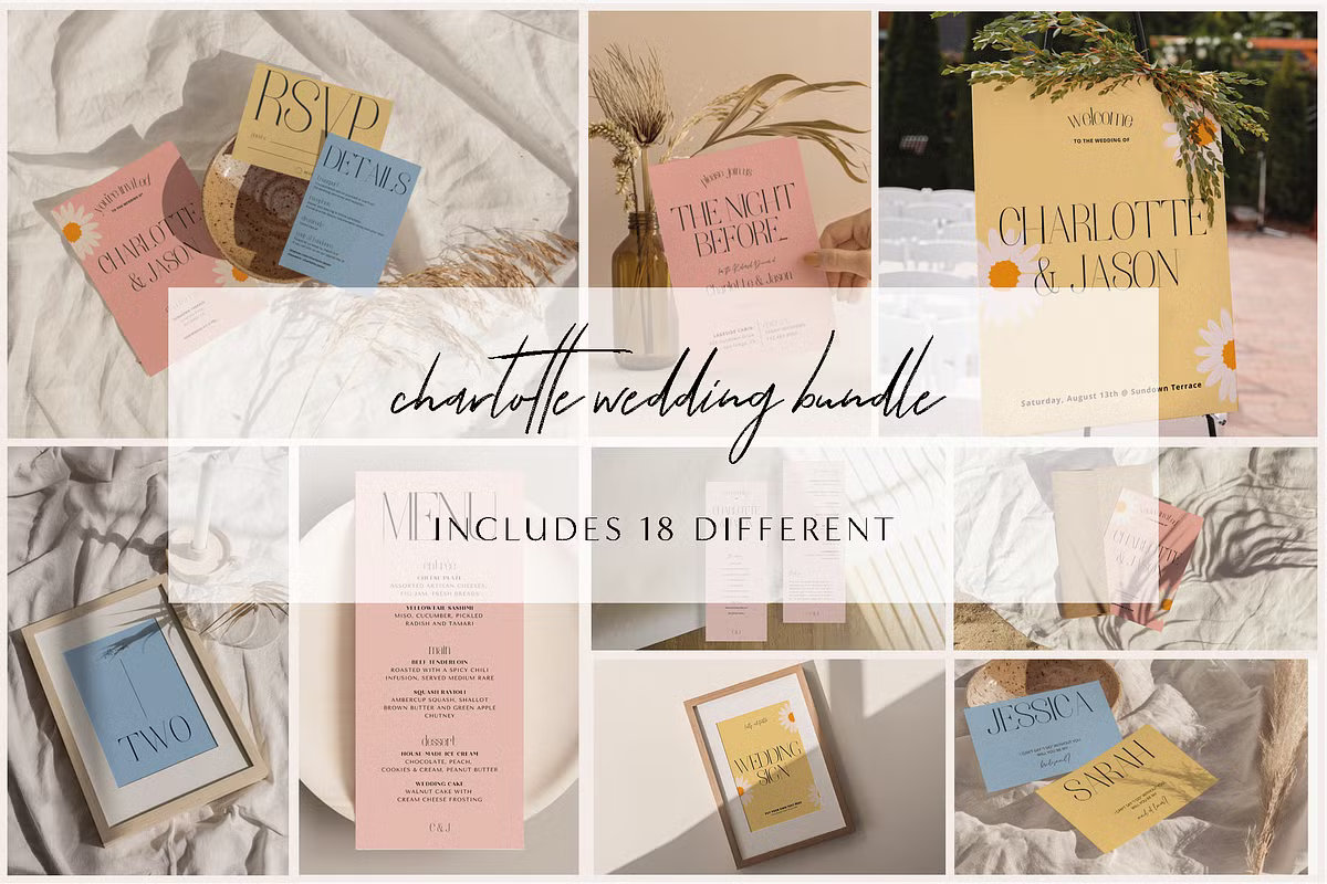 colorful wedding invitation bundle editable Canva template suite