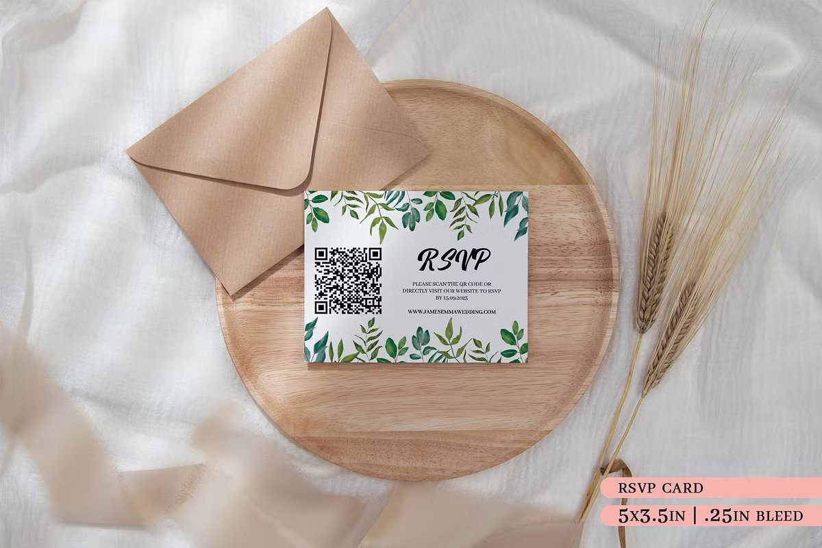 An RSVP card from a botanical-themed wedding suite, showing example wording, checkboxes for "attends" or "declines," and a request for dietary restrictions.