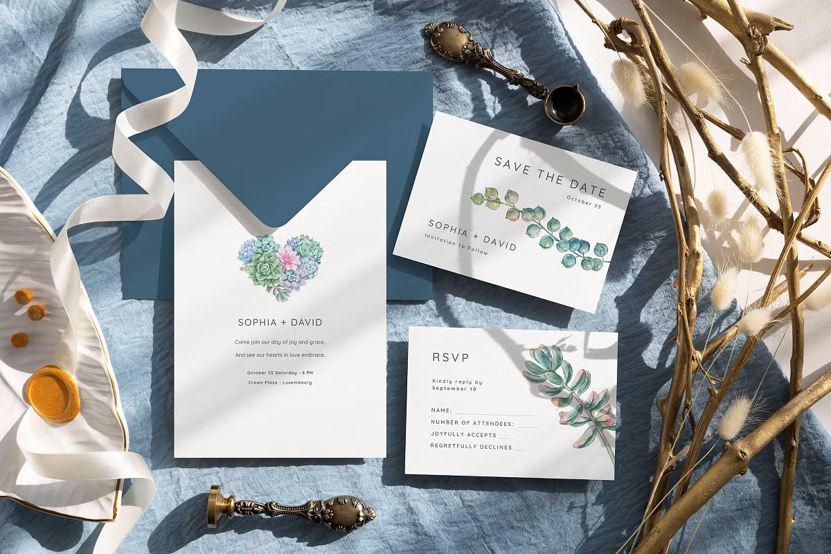 Quartz wedding invitation suite with minimalist typography, dusty blue watercolor wash, and modern aesthetic.