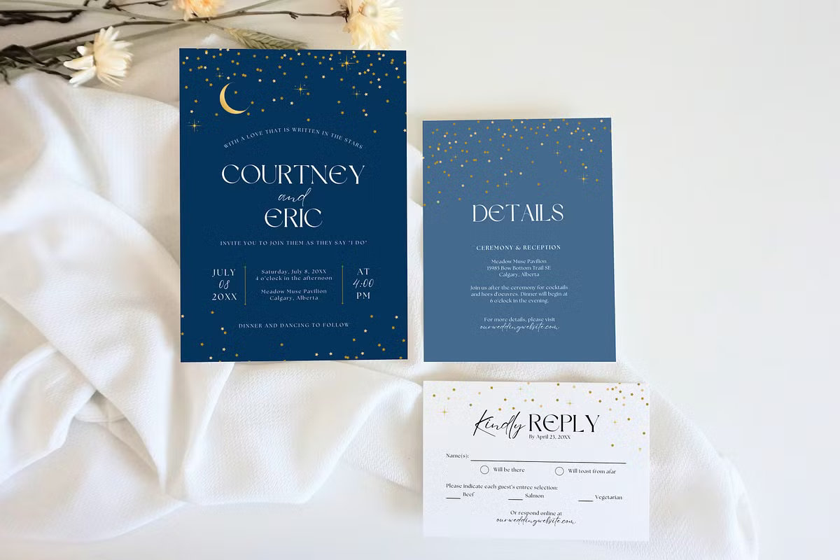 Celestial wedding invitation suite with navy blue background and gold foil stars