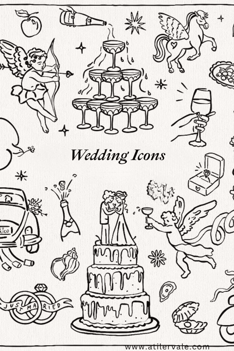 Minimalist graphic with central text 'Wedding Icons' surrounded by elegant illustrations of champagne glasses, a wedding cake, and a cupid. Website atilervale.com at the bottom.
