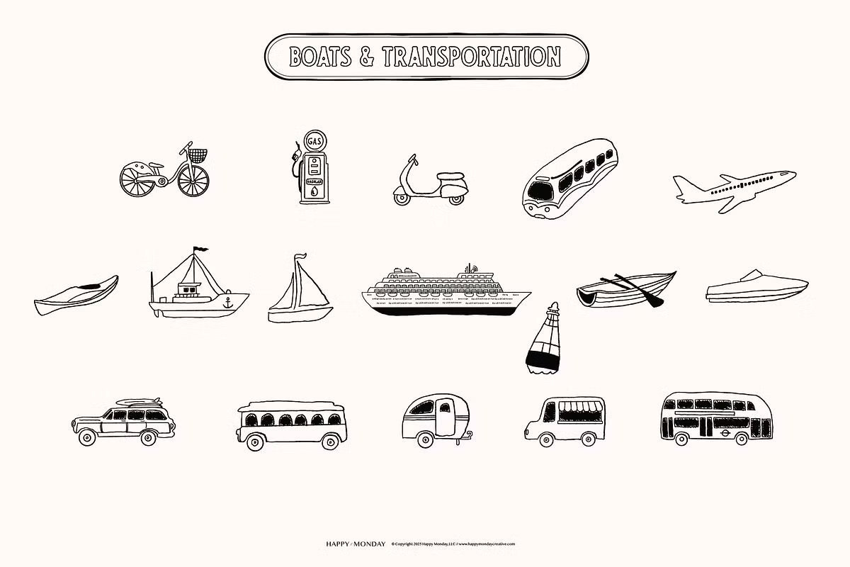 A collection of professional wedding map icons including a bicycle, vintage scooter, boat, airplane, and bus. Minimalist black vector line art for wedding stationery design.