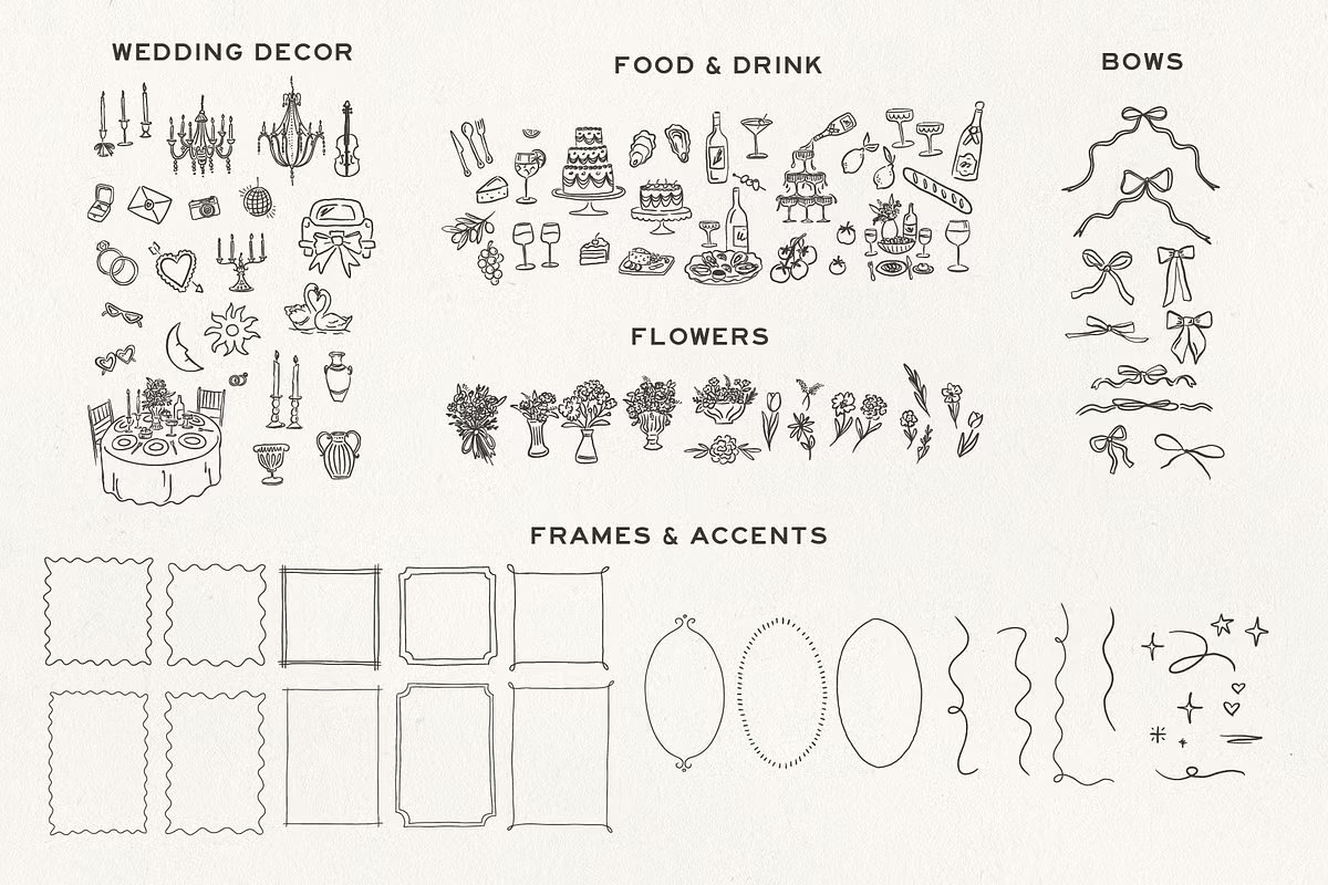 Hand-drawn whimsical wedding decor kit featuring candles, cakes, and chandeliers for DIY invitations