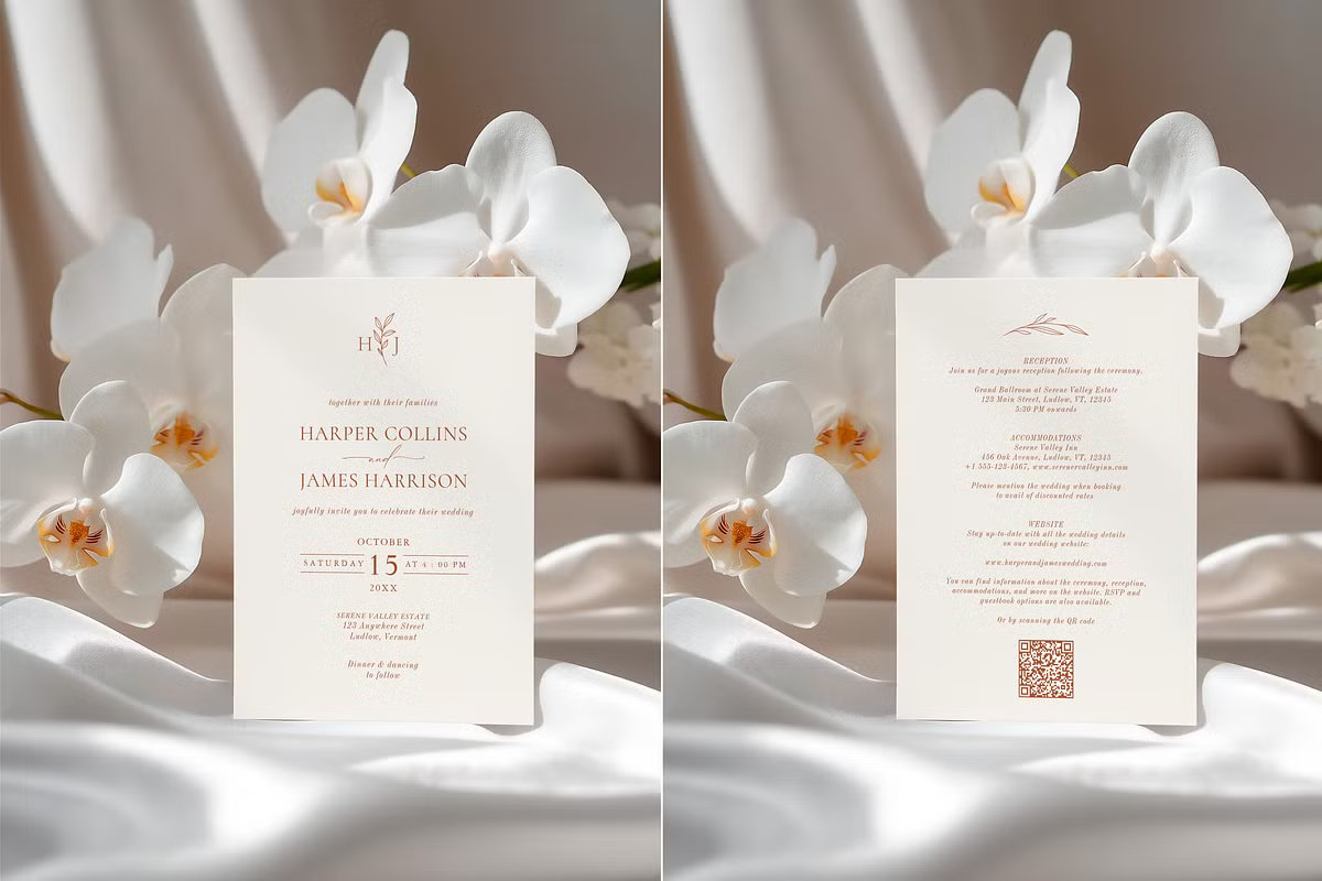Modern wedding invitation details card featuring a functional QR code for RSVP and guest information, elegant serif typography, and minimalist layout.